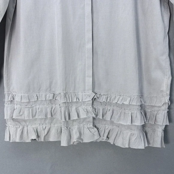 Pure DKNY Tunic Top Large Gray White Gingham Ruffle Hem Roll‎ Tab Sleeves Preppy - Picture 3 of 12